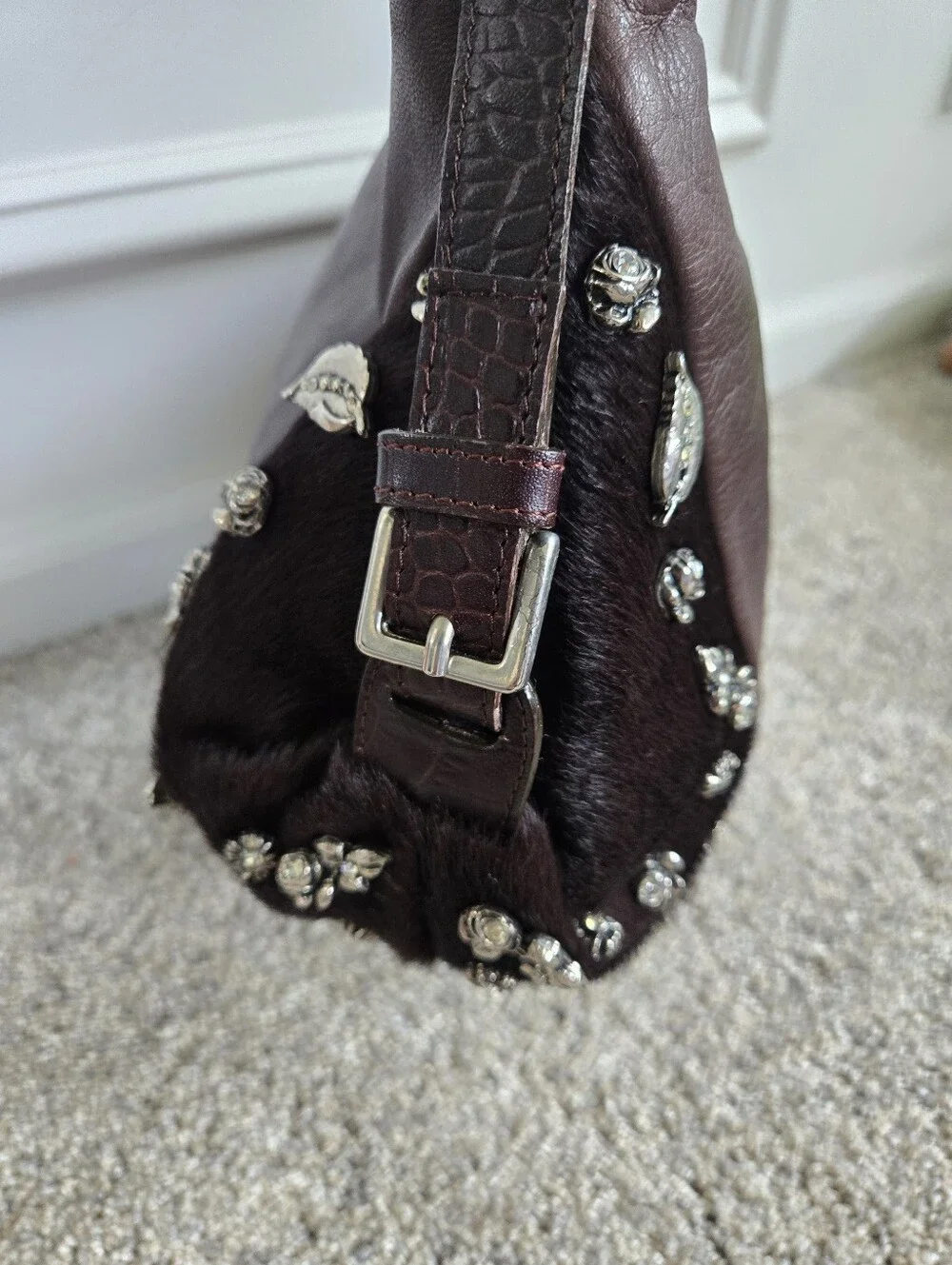 Berge Brown Leather Calfhair Hobo Shoulder Bag Charms Rhinestone Made in Italy